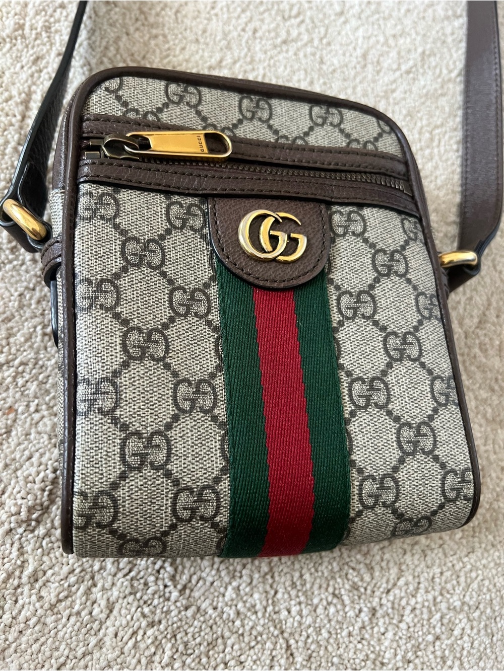 Gucci GG Supreme Ophidia Mini Crossbody in Brown with Green/Red Web